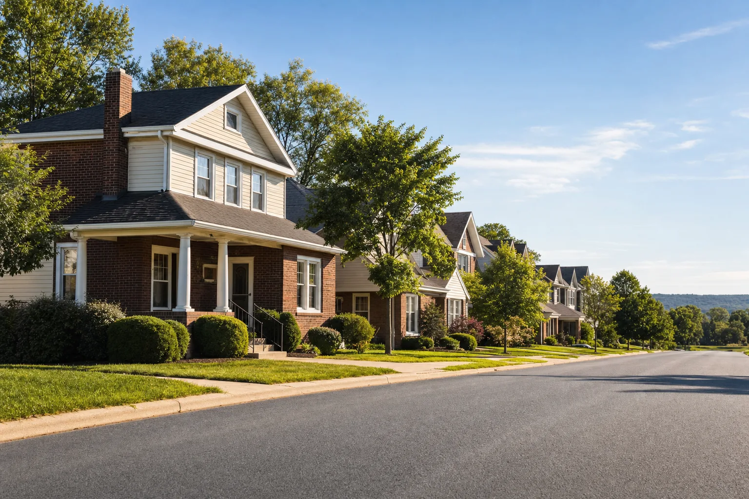 Row of residential homes on a quiet street in a York County Pennsylvania neighborhood