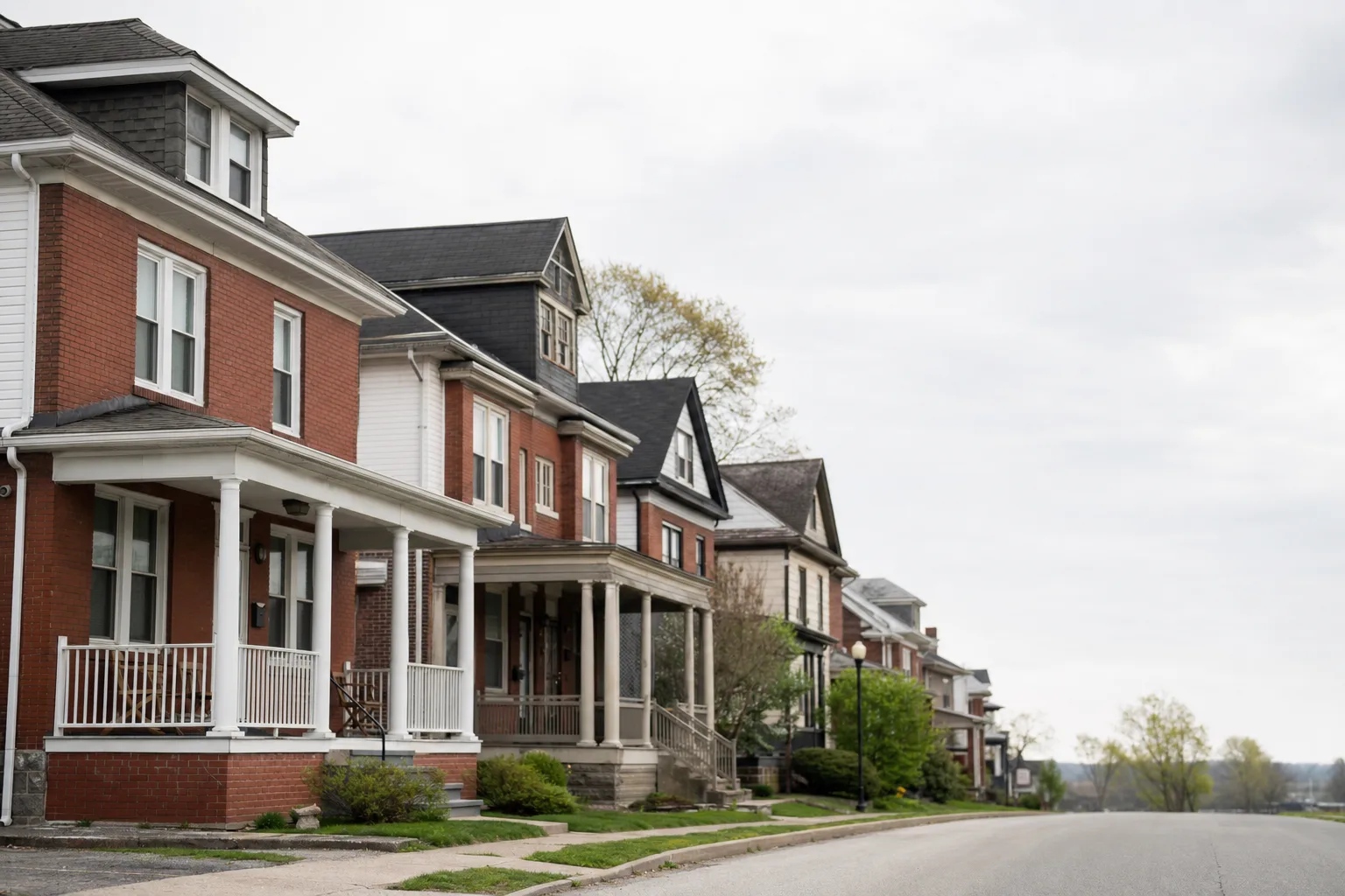 Row of older residential rental homes on a street in York Pennsylvania